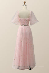 Homecoming Dresses Style, Pink Floral Embroidered Dress with Half Puffy Sleeves