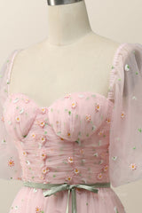 Homecoming Dresses Styles, Pink Floral Embroidered Dress with Half Puffy Sleeves