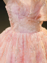Corset Dress, Pink Flower Long Princess Dress, Pink Strapless Formal Evening Dress