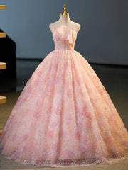 Sweet 25 Dress, Pink Flower Long Princess Dress, Pink Strapless Formal Evening Dress