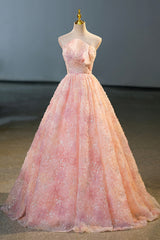 Evening Dress, Pink Flower Long Princess Dress, Pink Strapless Formal Evening Dress