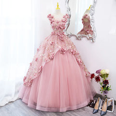 Bridesmaid Dresses Gold, Pink Flowers Round Neckline Floor Length Sweet 16 Dress, Pink Long Formal Dress