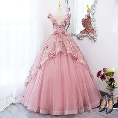 Bridesmaid Dress Gold, Pink Flowers Round Neckline Floor Length Sweet 16 Dress, Pink Long Formal Dress