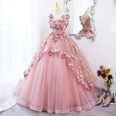 Bridesmaids Dress Gold, Pink Flowers Round Neckline Floor Length Sweet 16 Dress, Pink Long Formal Dress