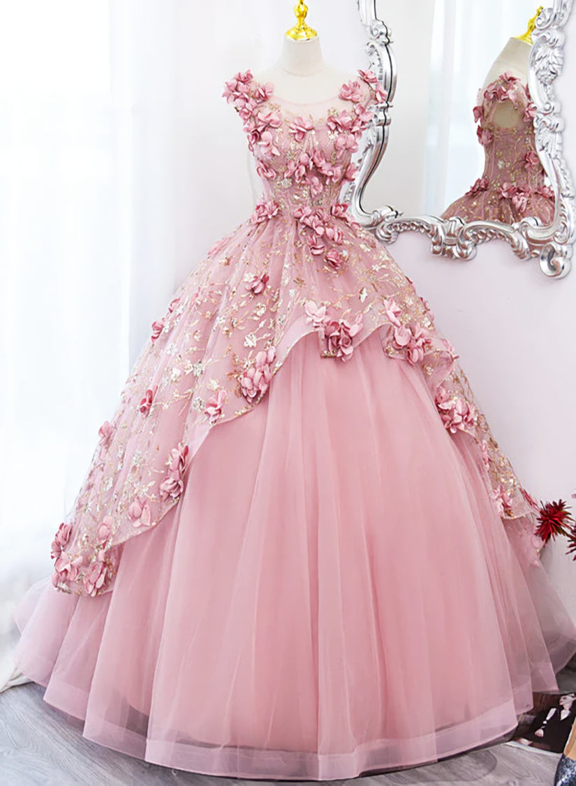 Bridesmaids Dresses Gold, Pink Flowers Round Neckline Floor Length Sweet 16 Dress, Pink Long Formal Dress
