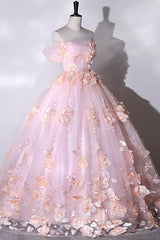 Party Dress Ideas For Winter, Pink Flowers Sweetheart Ball Gown Formal Dresses, Pink Long Sweet 16 Dresses