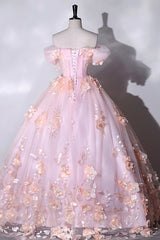 Party Dress Christmas, Pink Flowers Sweetheart Ball Gown Formal Dresses, Pink Long Sweet 16 Dresses