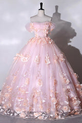 Party Dresses Night Out, Pink Flowers Sweetheart Ball Gown Formal Dresses, Pink Long Sweet 16 Dresses