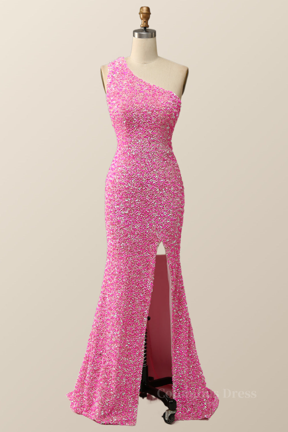 Party Dresses Casual, Pink Glitters One Shoulder Mermaid Long Dress