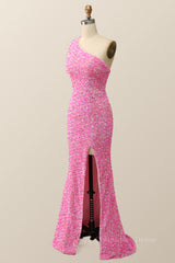 Party Dress Spring, Pink Glitters One Shoulder Mermaid Long Dress