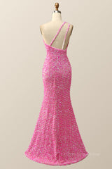 Party Dresses Vintage, Pink Glitters One Shoulder Mermaid Long Dress