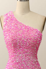 Party Dress Vintage, Pink Glitters One Shoulder Mermaid Long Dress