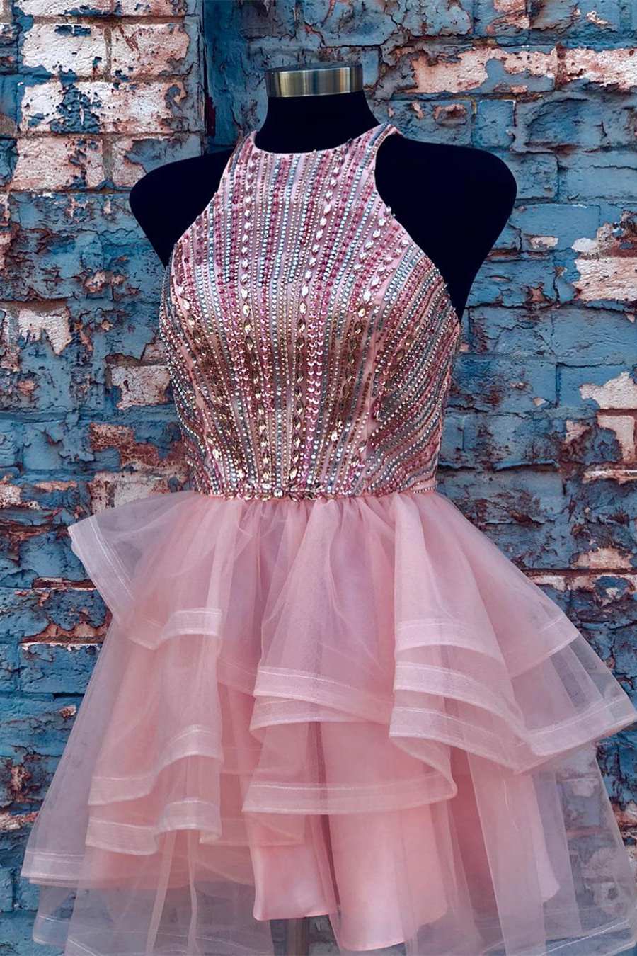 Wedding Dress Mermaid, Pink Halter Beaded Short Homecoming Dress,Wedding Party Dresses
