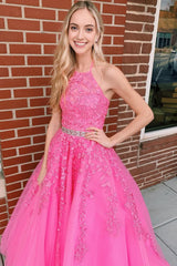 Pink Halter Long Prom Dress With Appliques