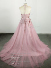 Prom Dresses Chicago, Pink High Neck Tulle Lace Applique Long Prom Dress, Pink Evening Dress