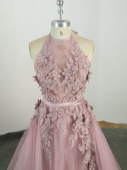 Prom Dresses Glitter, Pink High Neck Tulle Lace Applique Long Prom Dress, Pink Evening Dress