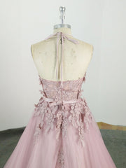 Prom Dress Glitter, Pink High Neck Tulle Lace Applique Long Prom Dress, Pink Evening Dress