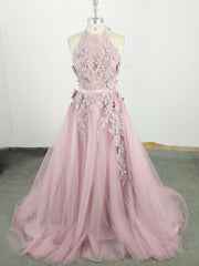 Prom Dress Chicago, Pink High Neck Tulle Lace Applique Long Prom Dress, Pink Evening Dress