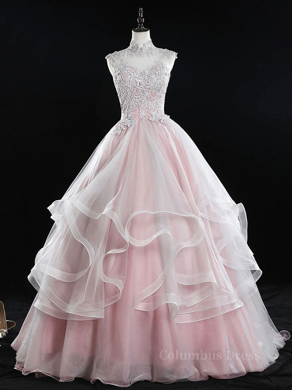Prom Dresses Nearby, Pink high neck tulle lace long prom dress, pink sweet 16 dress