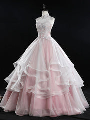 Prom Dress With Shorts, Pink high neck tulle lace long prom dress, pink sweet 16 dress