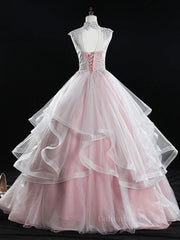 Prom Dresses With Shorts, Pink high neck tulle lace long prom dress, pink sweet 16 dress