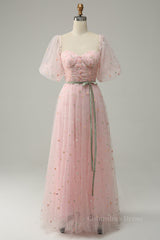 Prom Dress Pink, Pink Illusion Puff Sleeves Embroideries A-line Long Prom Dress with Sash