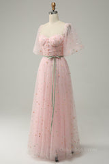 Prom Dresses Bodycon, Pink Illusion Puff Sleeves Embroideries A-line Long Prom Dress with Sash
