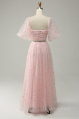 Prom Dress Bodycon, Pink Illusion Puff Sleeves Embroideries A-line Long Prom Dress with Sash