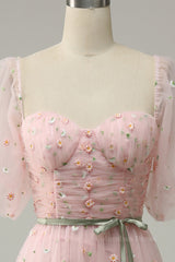 Prom Dress With Pocket, Pink Illusion Puff Sleeves Embroideries A-line Long Prom Dress with Sash