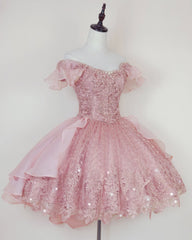 Bridesmaids Dress Designers, Pink Lace Homecoming Gown with Beading,Princess Off the Shoulder Hoco Dress