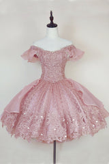 Bridesmaids Dress Designs, Pink Lace Homecoming Gown with Beading,Princess Off the Shoulder Hoco Dress