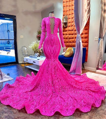 Party Dress Long Sleeve, Pink Lace Sexy Fitted Mermaid Style Long Sleeve High Neck African Black Girls Long Prom Dresses