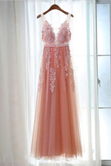 Homecoming Dress Vintage, Pink Long New Prom Dress, Party Dress with Lace Applique