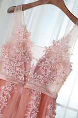 Homecomming Dresses Vintage, Pink Long New Prom Dress, Party Dress with Lace Applique
