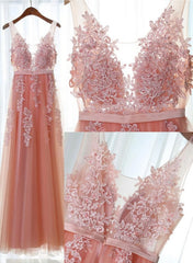 Homecoming Dresses Vintage, Pink Long New Prom Dress, Party Dress with Lace Applique