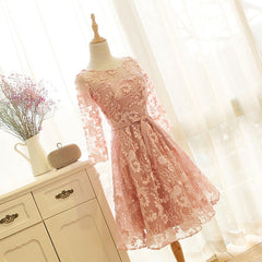 Wedding Dresses Lace Tulle, Pink Long Sleeves Lace Wedding Party Dress, Charming Party Dress