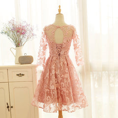 Wedding Dress Simple Lace, Pink Long Sleeves Lace Wedding Party Dress, Charming Party Dress
