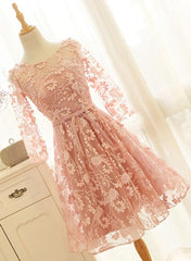 Wedding Dresses With Straps, Pink Long Sleeves Lace Wedding Party Dress, Charming Party Dress