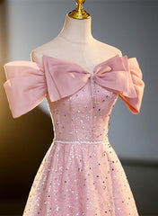 Winter Formal, Pink Off Shoulder Shiny Tulle A-line Long Party Dress, Pink Tulle Formal Dress