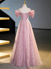 Wedding Color Palette, Pink Off Shoulder Shiny Tulle A-line Long Party Dress, Pink Tulle Formal Dress
