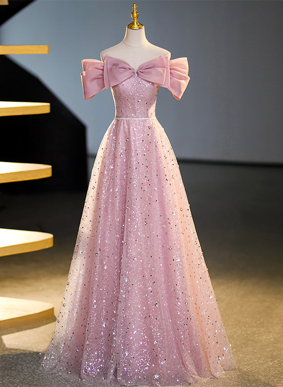 Silk Wedding Dress, Pink Off Shoulder Shiny Tulle A-line Long Party Dress, Pink Tulle Formal Dress
