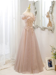 Prom Dresses Country, Pink Off Shoulder Shiny Tulle with Beaded and Lace Prom Dress, Pink Formal Dresses