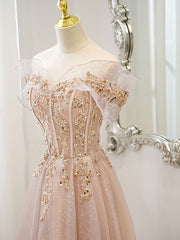 Prom Dress With Tulle, Pink Off Shoulder Shiny Tulle with Beaded and Lace Prom Dress, Pink Formal Dresses