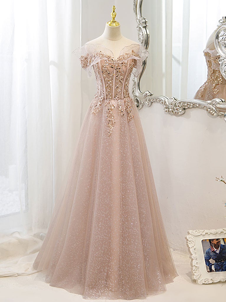 Prom Dresses Prom Dressprom Dress Prom Dresses, Pink Off Shoulder Shiny Tulle with Beaded and Lace Prom Dress, Pink Formal Dresses