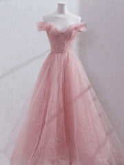 Wedding Dress Style, Pink Off Shoulder Tulle Tea Length Prom Dress,Pink Tulle Wedding Party Dresses
