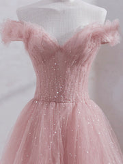 Wedding Dresses Ball Gown, Pink Off Shoulder Tulle Tea Length Prom Dress,Pink Tulle Wedding Party Dresses