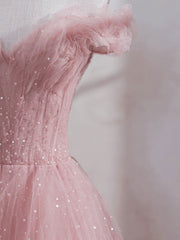 Wedding Dresses Online, Pink Off Shoulder Tulle Tea Length Prom Dress,Pink Tulle Wedding Party Dresses