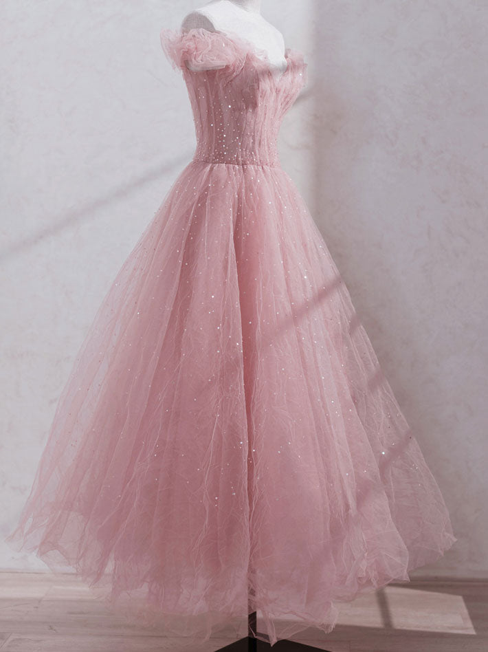 Wedding Dress Long Sleeve, Pink Off Shoulder Tulle Tea Length Prom Dress,Pink Tulle Wedding Party Dresses