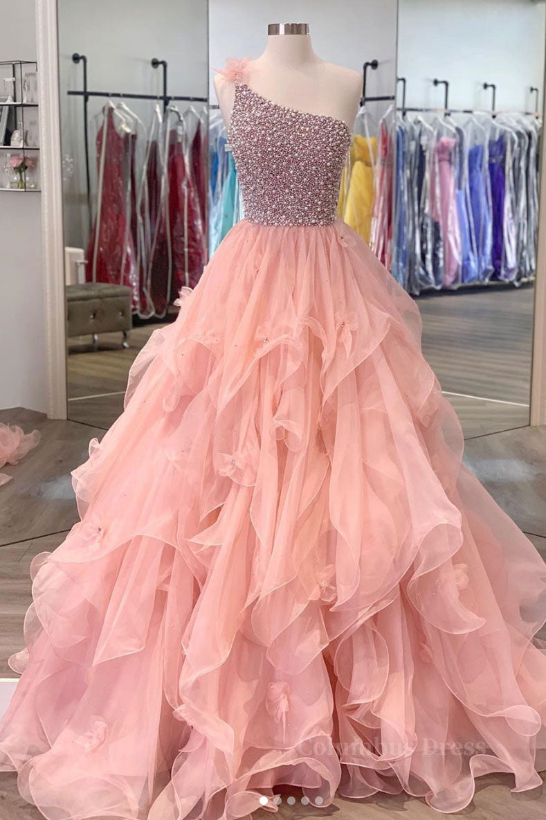 Prom Dress With Slits, Pink one shoulder beads long prom dress pink evening dress