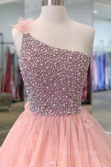 Prom Dresses With Slit, Pink one shoulder beads long prom dress pink evening dress